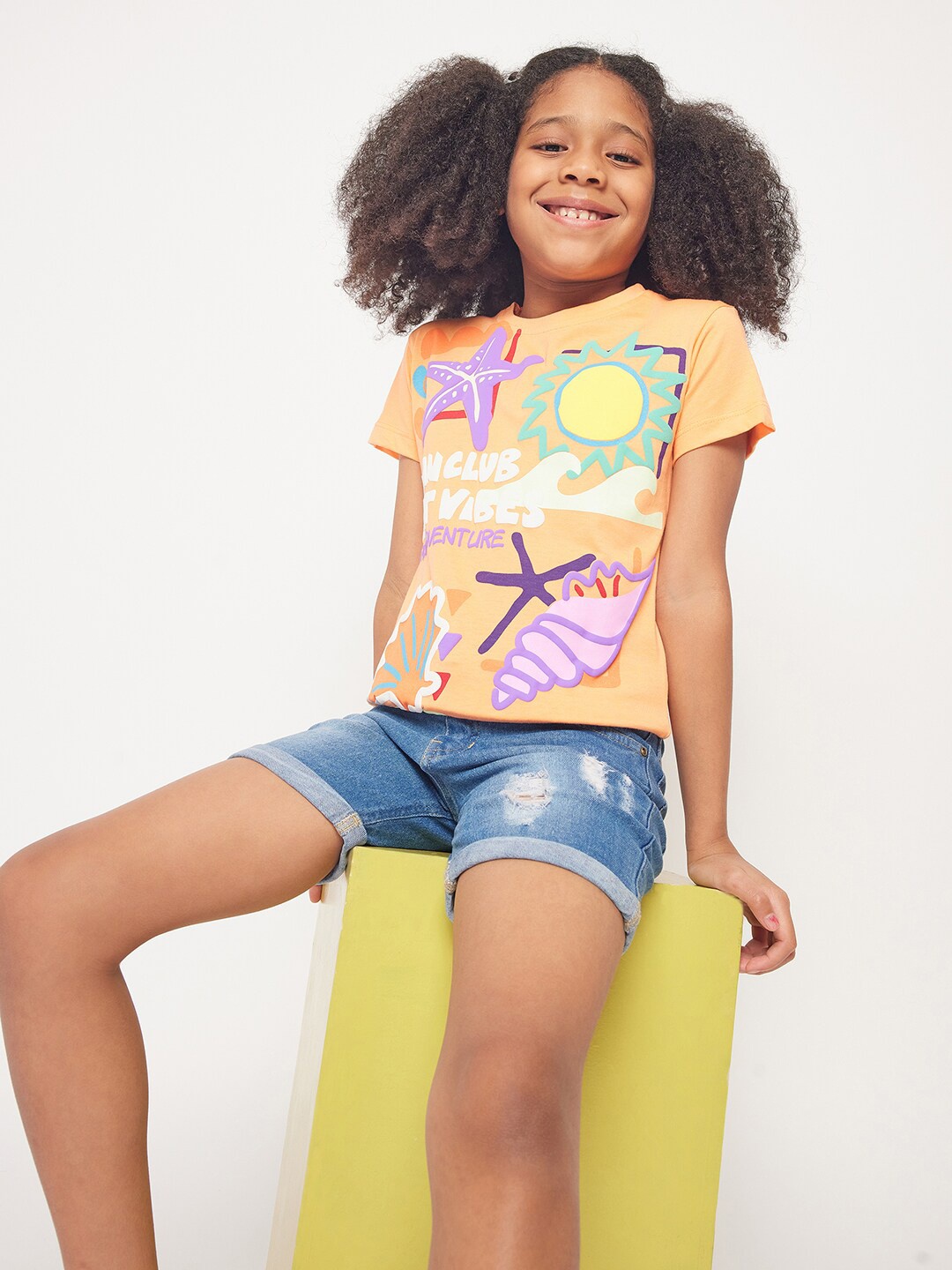 

PAMPOLINA Girls Typography Printed Cotton Top, Orange