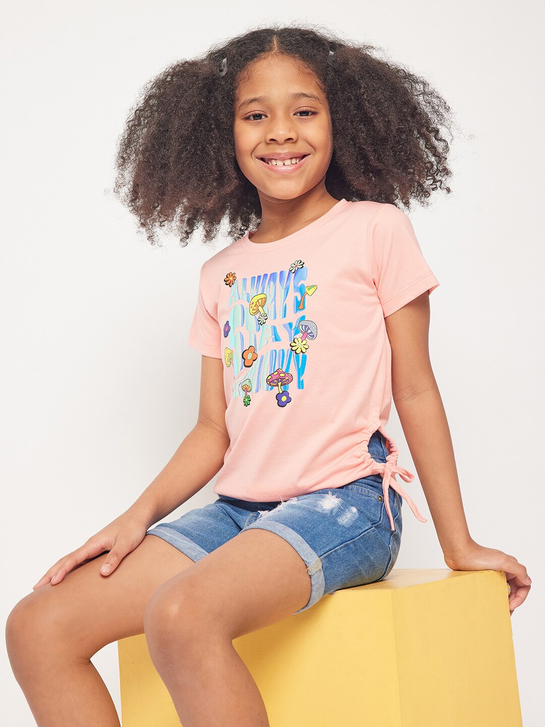 

PAMPOLINA Girls Round Neck Short Sleeves Print Cotton Top, Peach