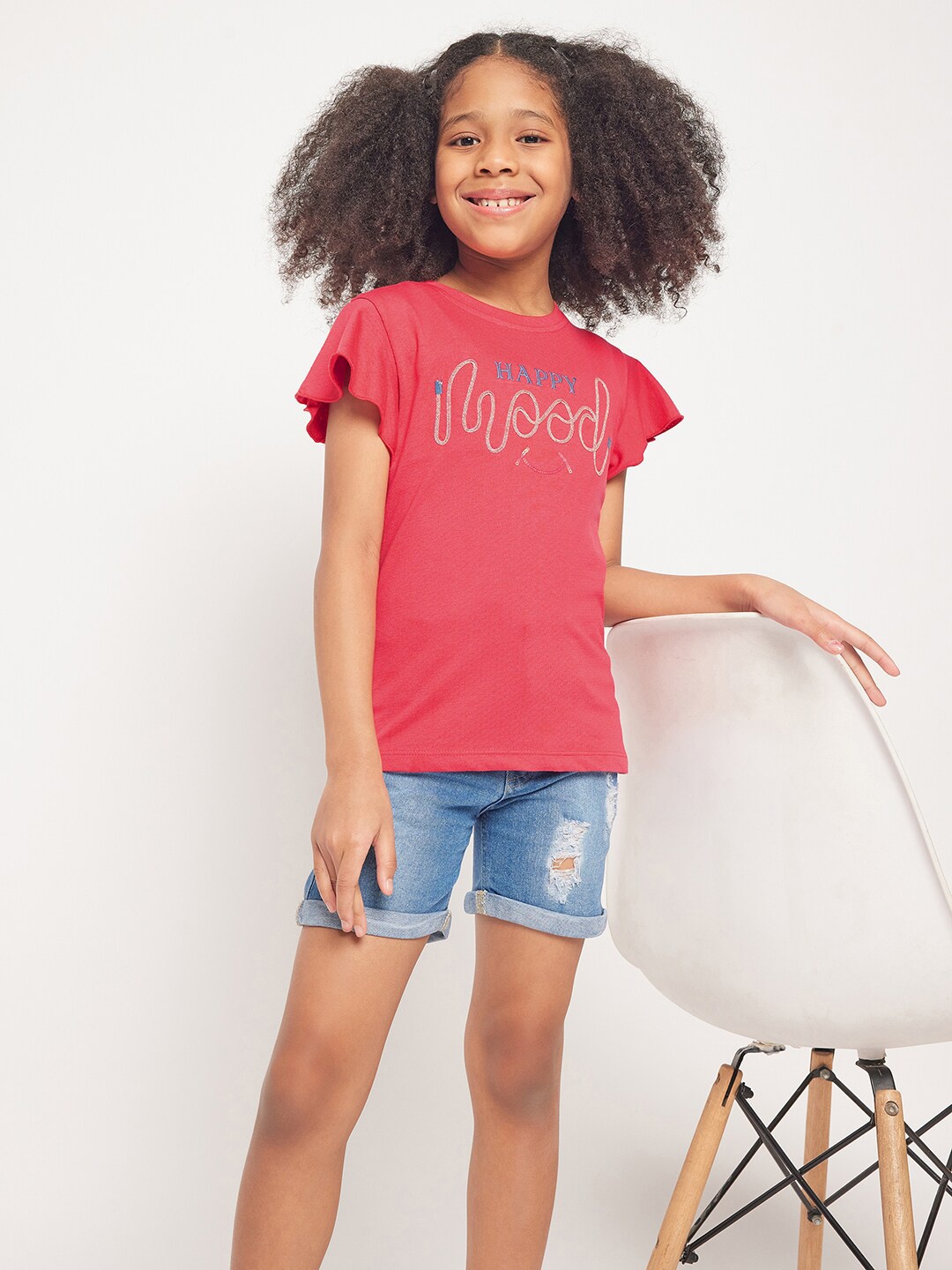

PAMPOLINA Girls Typography Embroidered Flared Sleeves Cotton Top, Coral