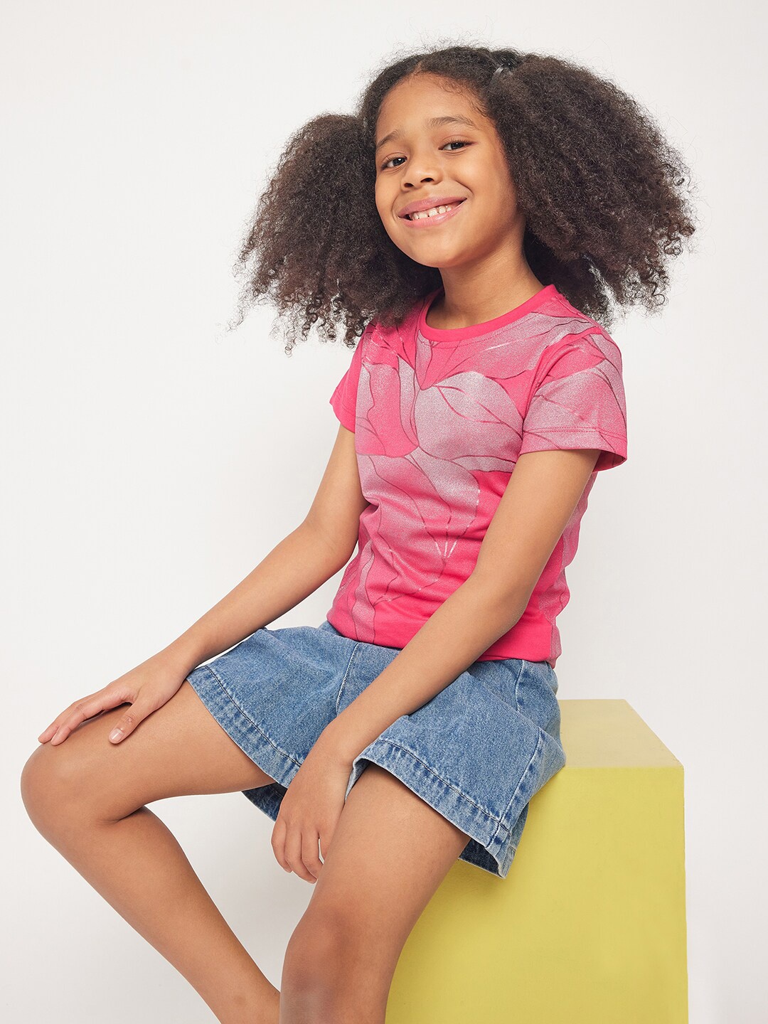 

PAMPOLINA Girls Floral Printed Cotton T-shirt, Magenta