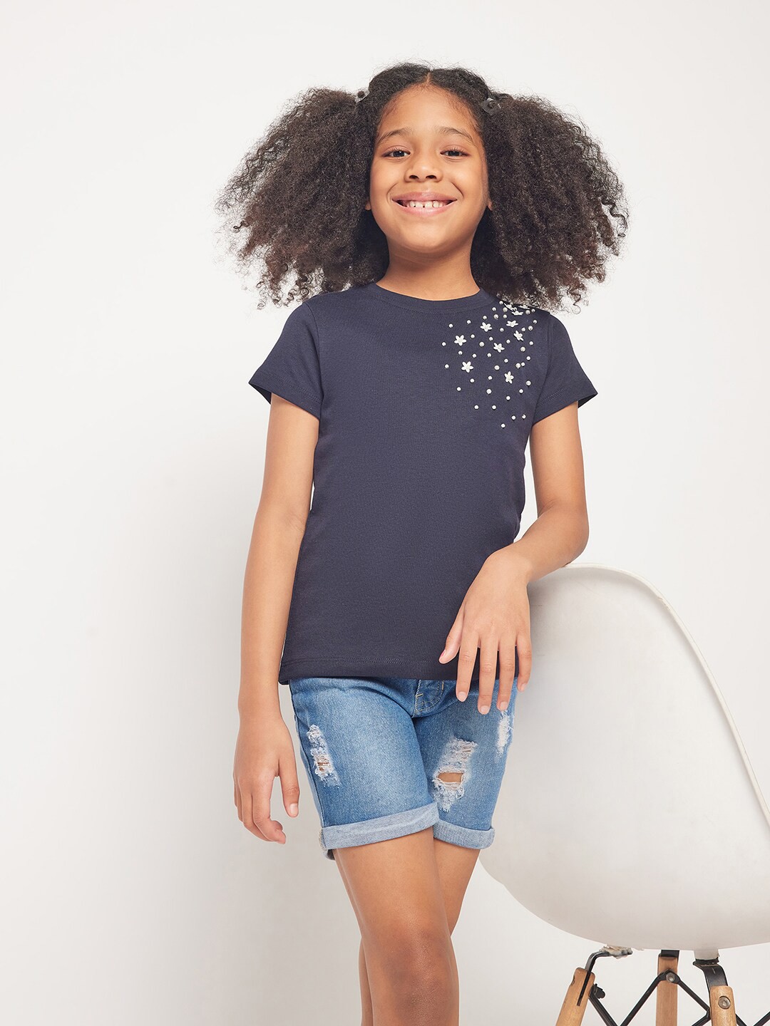 

PAMPOLINA Girls Embellished Cotton Top, Blue