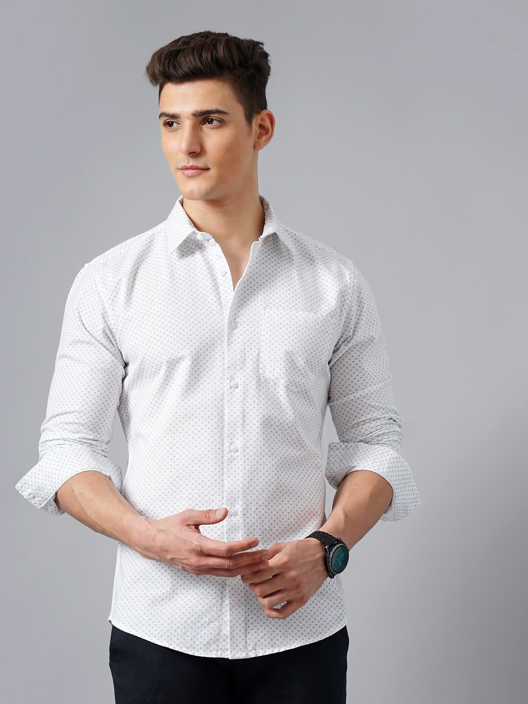 

British Club Micro Ditsy Printed Classic Slim Fit Pure Cotton Casual Shirt, White