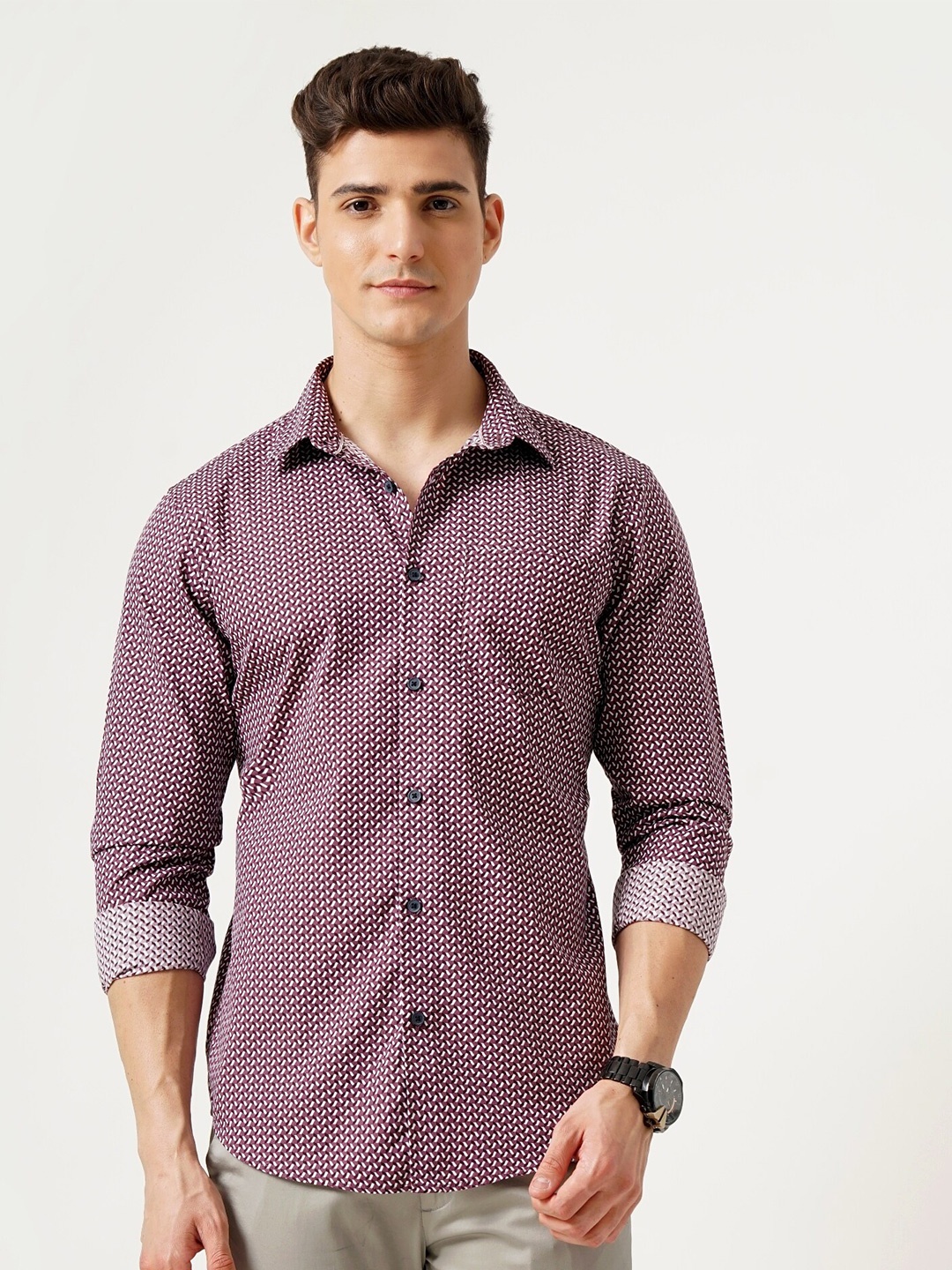 

British Club Geometric Printed Classic Slim Fit Pure Cotton Casual Shirt, Purple