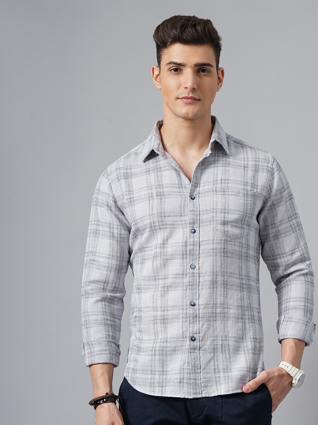 

British Club Tartan Checked Classic Slim Fit Pure Cotton Casual Shirt, Grey