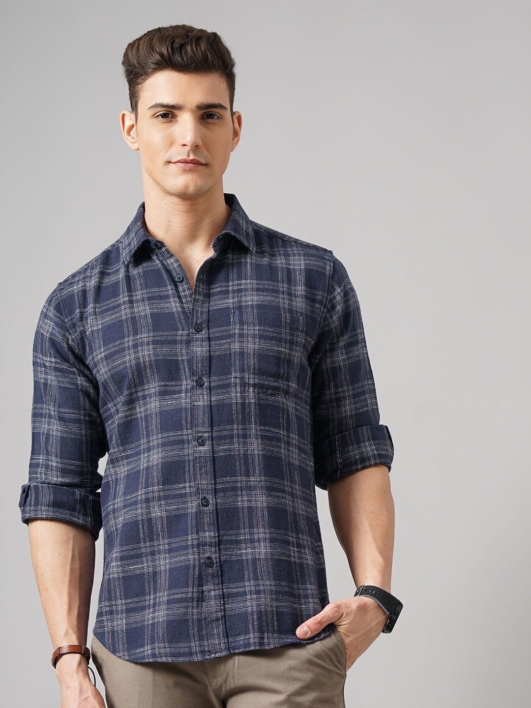 

British Club Classic Slim Fit Tartan Checked Cotton Casual Shirt, Navy blue