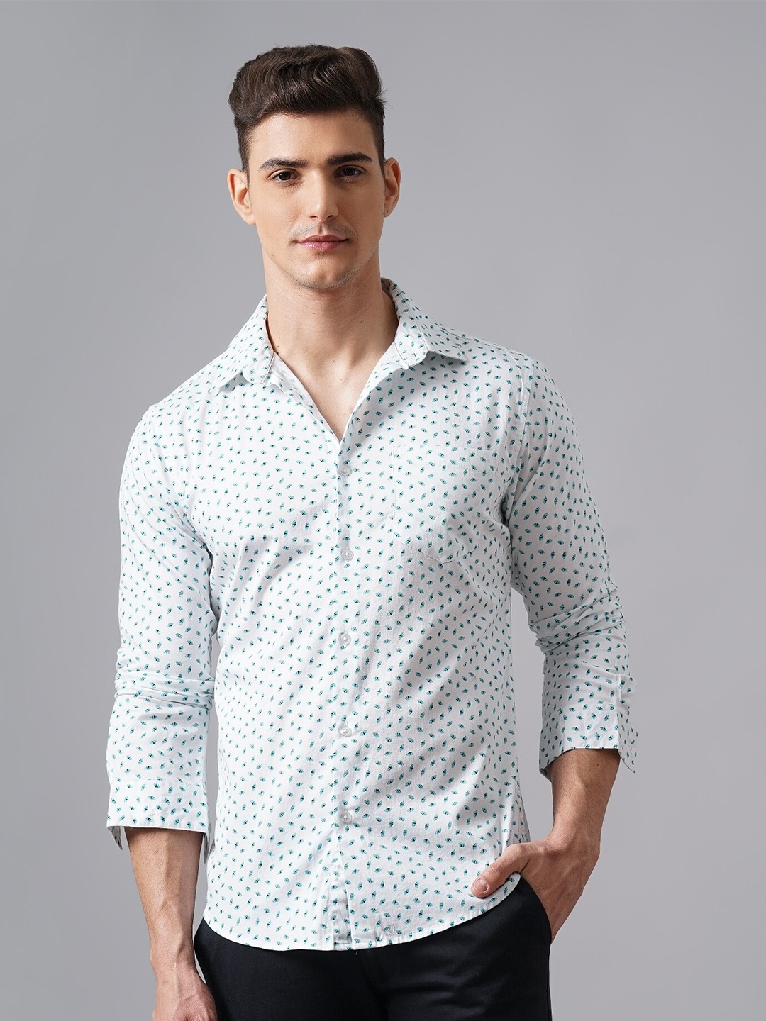 

British Club Classic Slim Fit Geometric Printed Cotton Casual Shirt, White