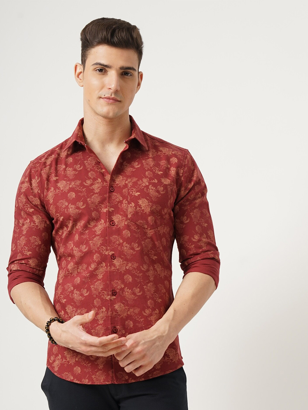 

British Club Classic Slim Fit Opaque Floral Printed Casual Shirt, Red