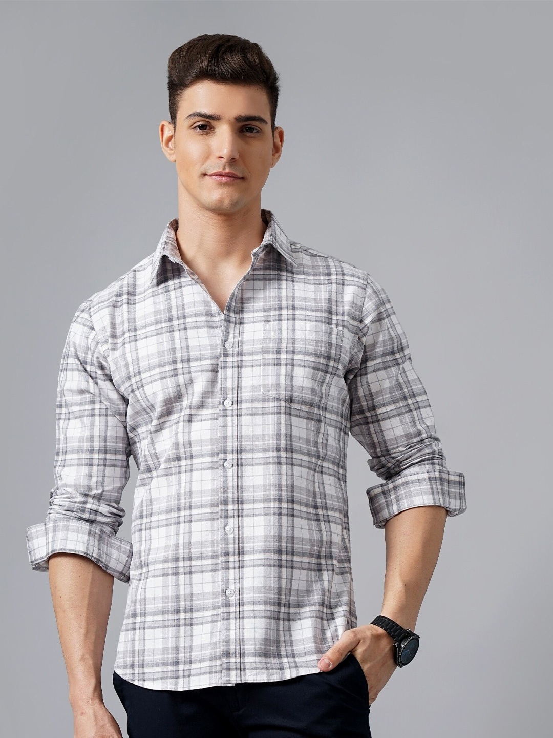 

British Club Tartan Checked Classic Slim Fit Pure Cotton Casual Shirt, Grey