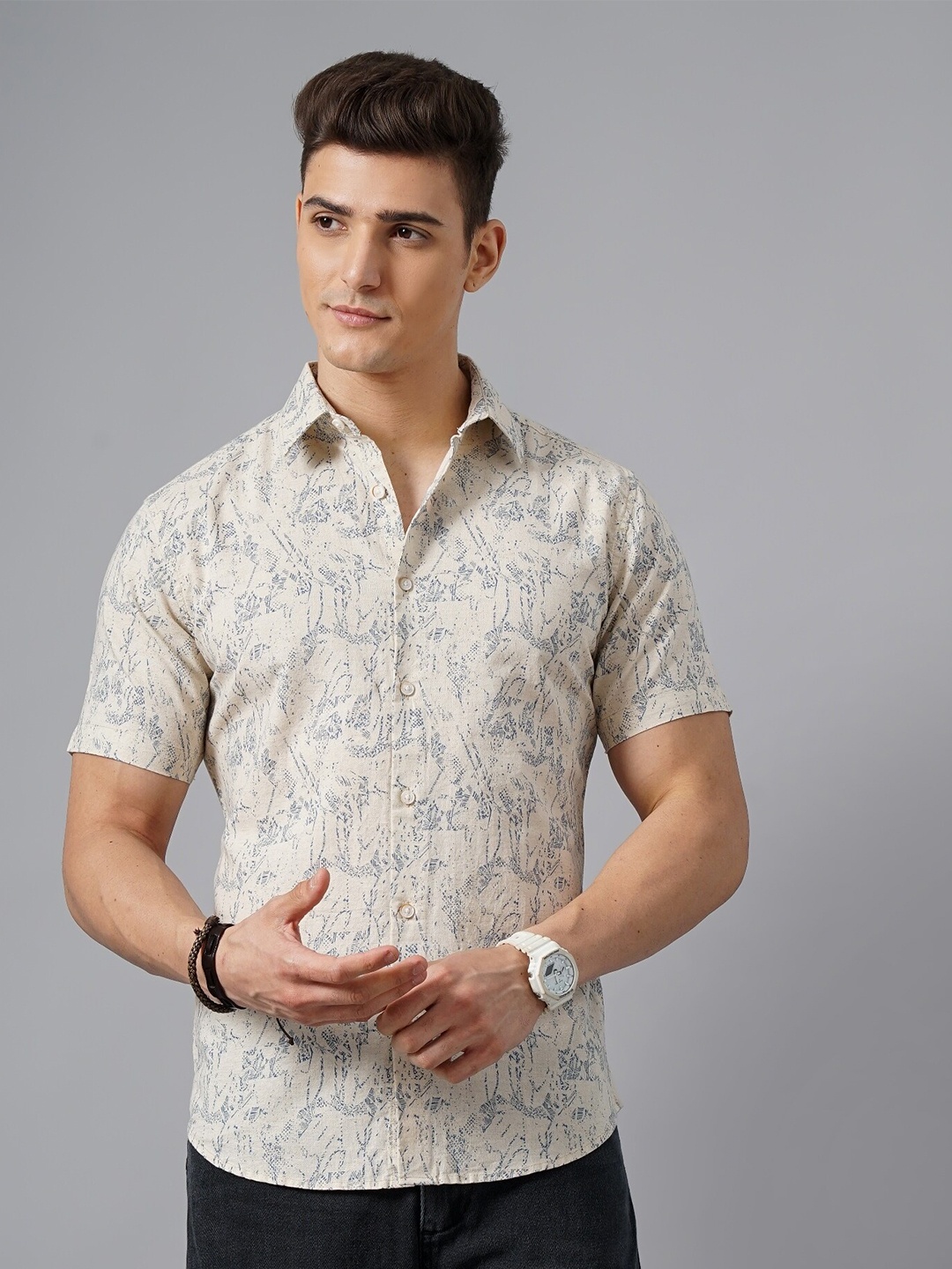 

British Club Abstract Printed Classic Slim Fit Pure Cotton Casual Shirt, Beige