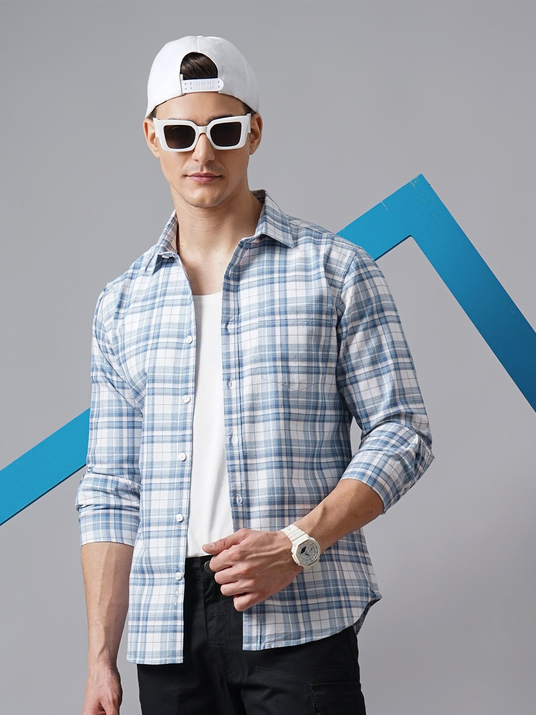 

British Club Tartan Checked Classic Slim Fit Pure Cotton Casual Shirt, Blue