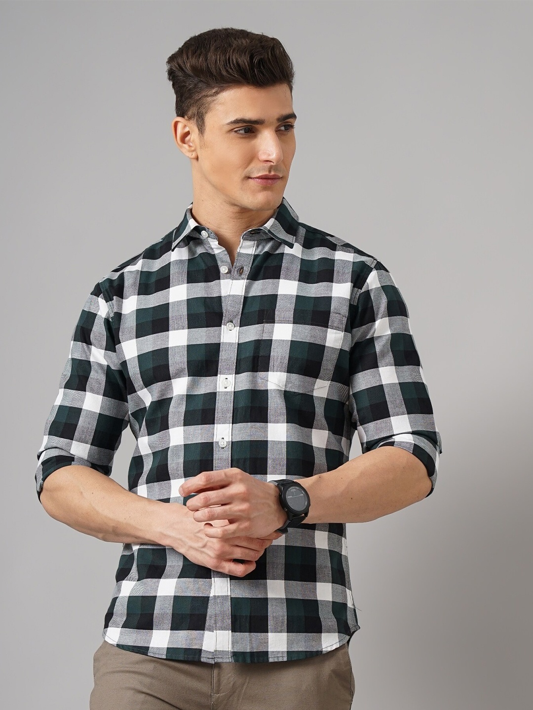 

British Club Buffalo Checked Classic Slim Fit Pure Cotton Casual Shirt, Green