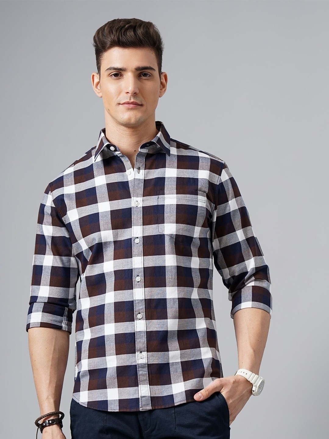 

British Club Classic Slim Fit Tartan Checked Spread Collar Pure Cotton Casual Shirtrt, Brown