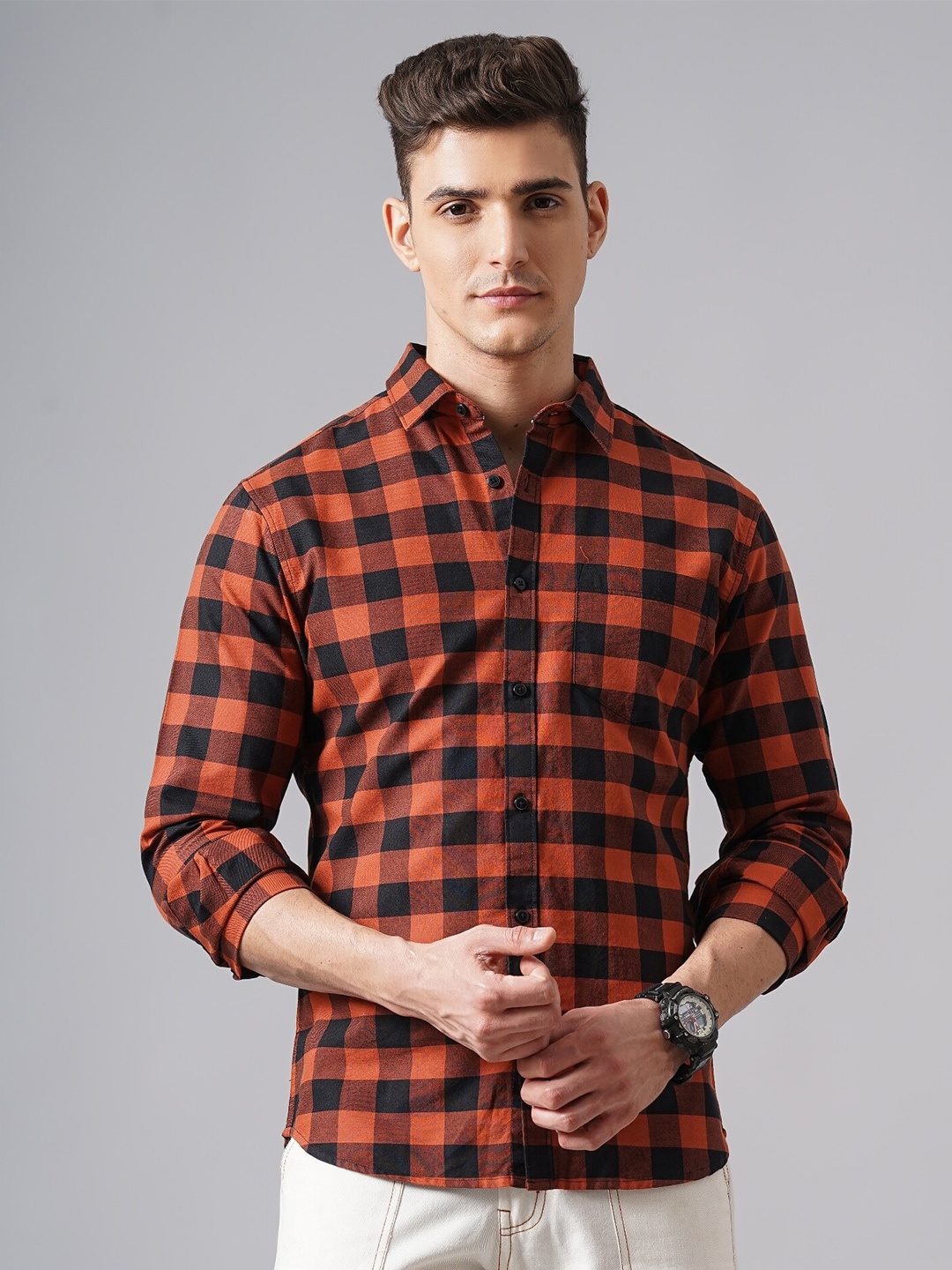 

British Club Classic Slim Fit Buffalo Checked Cotton Casual Shirt, Orange