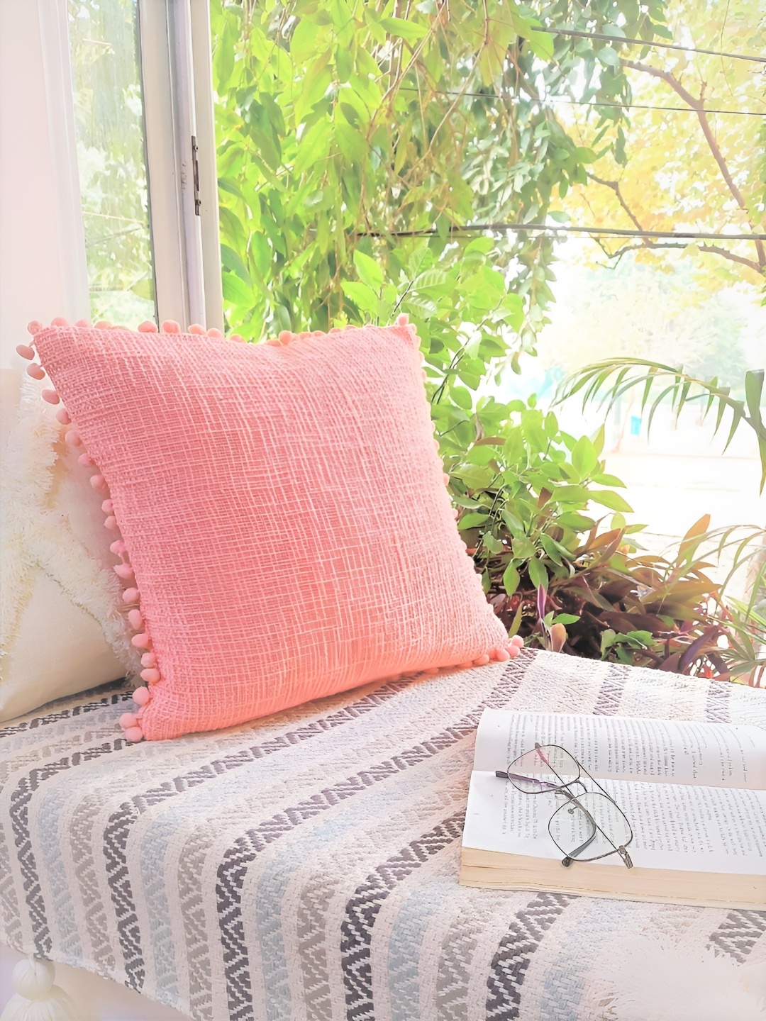 

THROWPILLOW Peach-Coloured Embellished Square Cushion Cover