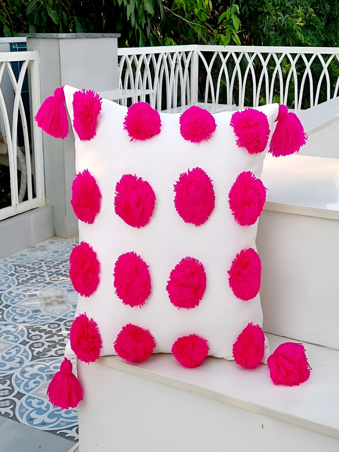 

THROWPILLOW White & Pink Embroidered Square Cushion Cover