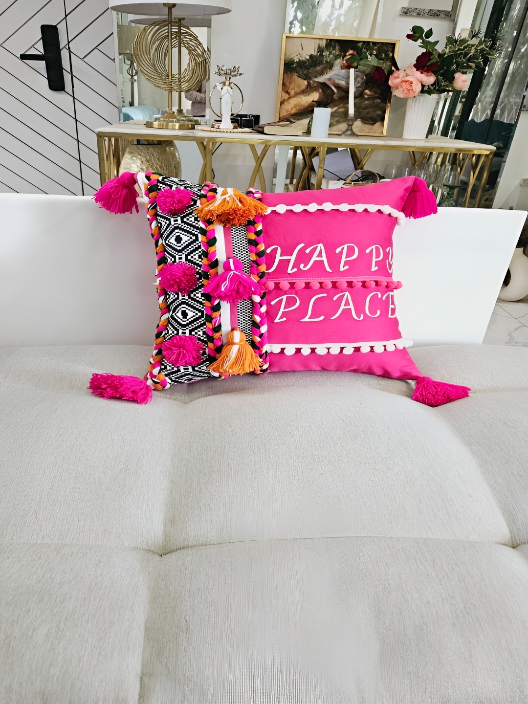 

THROWPILLOW Pink & White Embroidered Square Cushion Cover