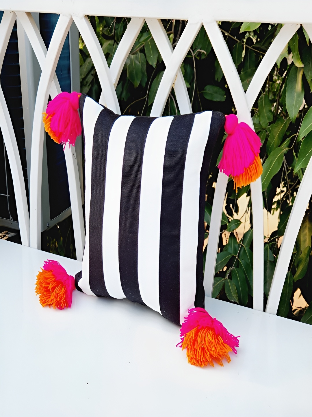 

THROWPILLOW Black & White Embellished Square Cushion Cover