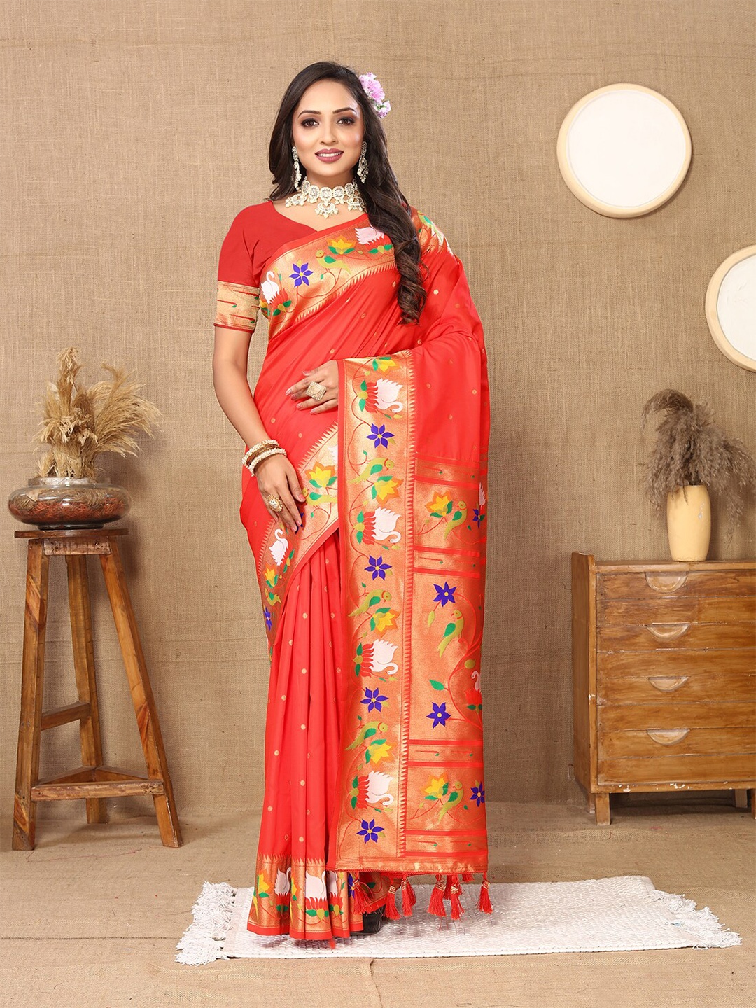 

MARGI DESIGNERS Ethnic Motifs Woven Design Zari Art Silk Paithani Saree, Red