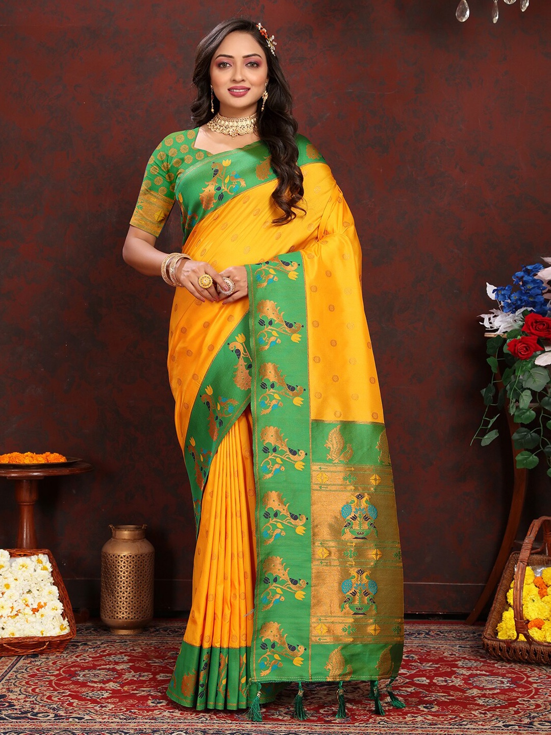 

MARGI DESIGNERS Ethnic Motifs Woven Design Zari Paithani Saree, Yellow