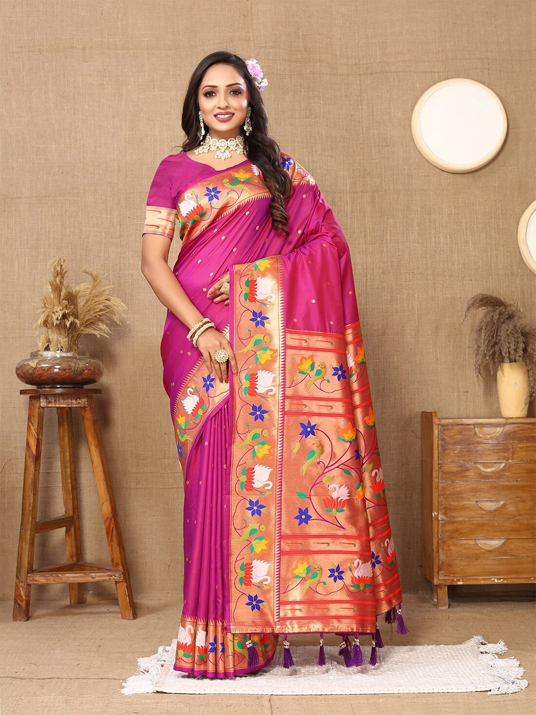 

MARGI DESIGNERS Ethnic Motifs Woven Design Zari Art Silk Paithani Saree, Pink