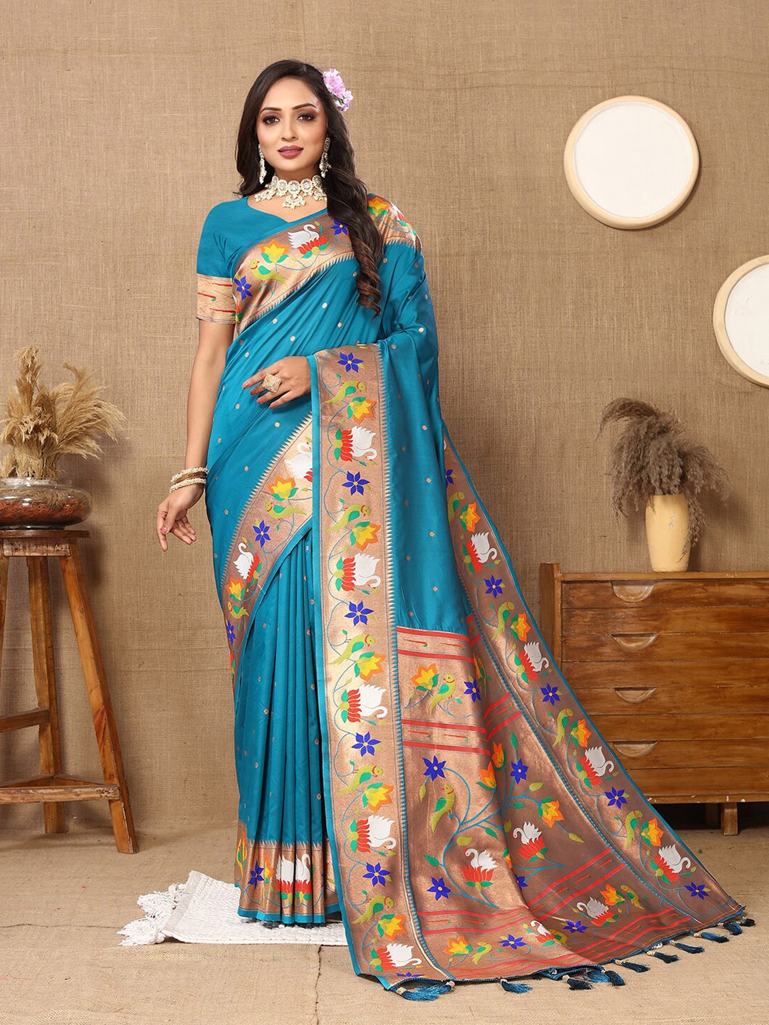 

MARGI DESIGNERS Ethnic Motifs Woven Design Zari Art Silk Paithani Saree, Turquoise blue