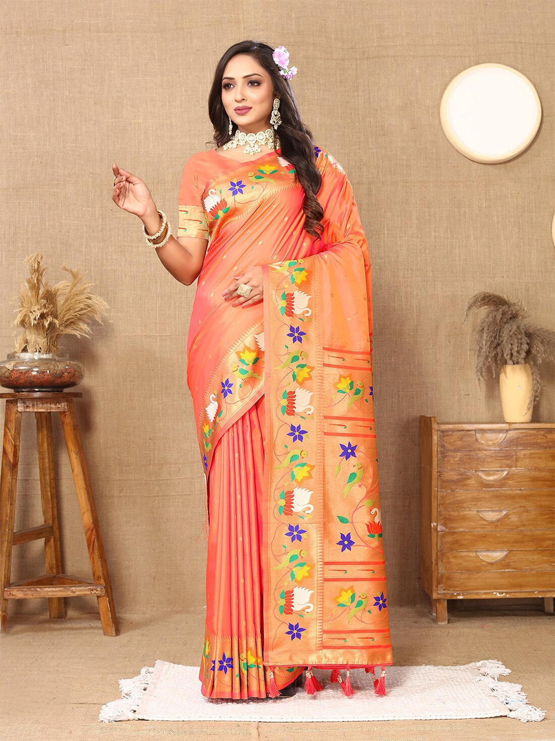 

MARGI DESIGNERS Ethnic Motifs Woven Design Zari Art Silk Paithani Saree, Orange