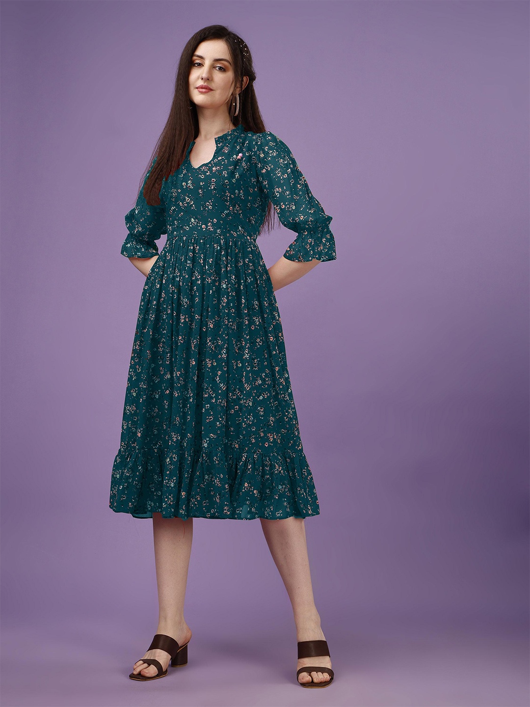 

KALINI Floral Printed Puff Sleeves Mandarin Collar Ruffled Fit & Flare Midi Dress, Teal
