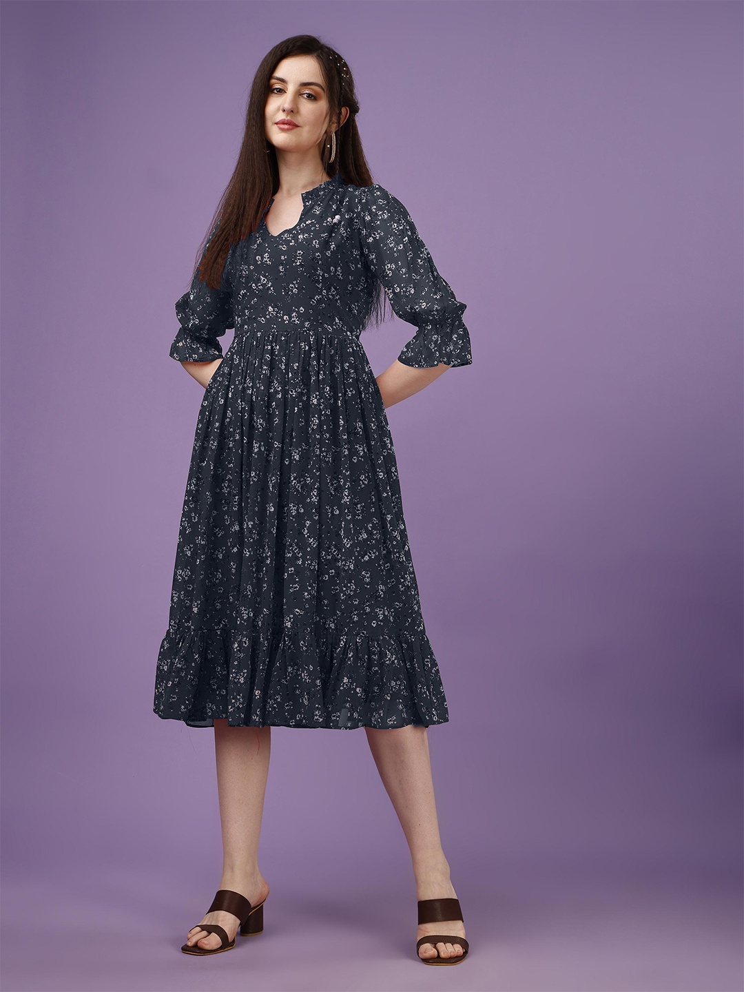 

KALINI Floral Printed Puff Sleeves Mandarin Collar Ruffled Fit & Flare Midi Dress, Navy blue