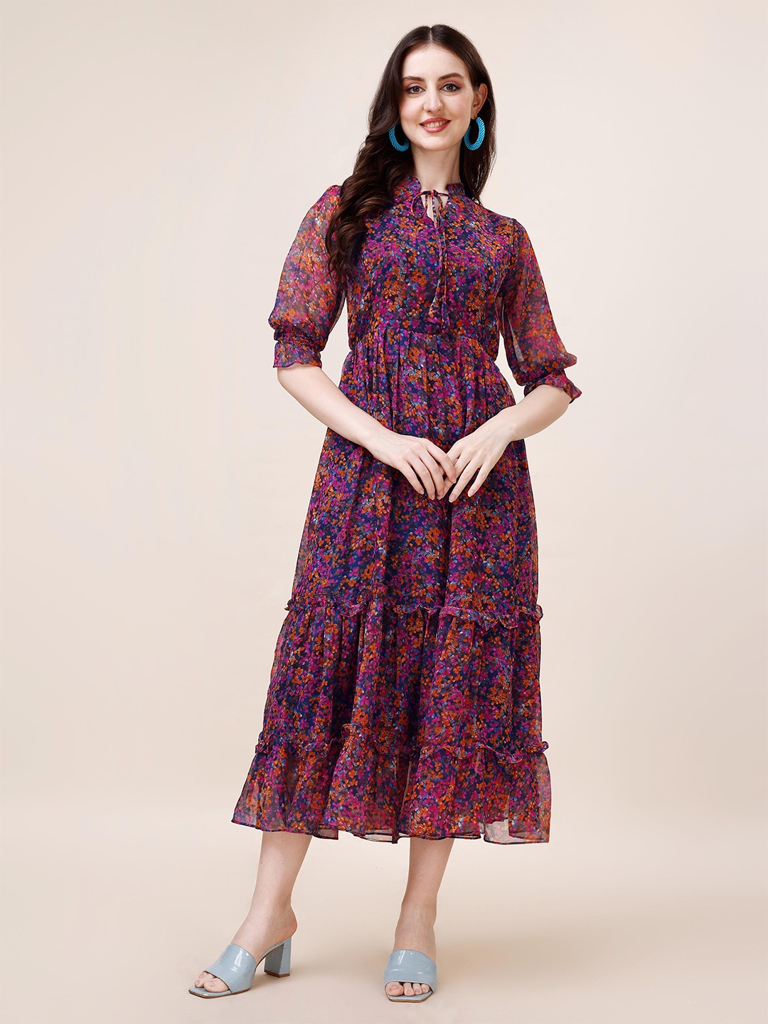 

KALINI Floral Printed Cuffed Sleeves Georgette Tiered Fit & Flare Midi Dress, Navy blue