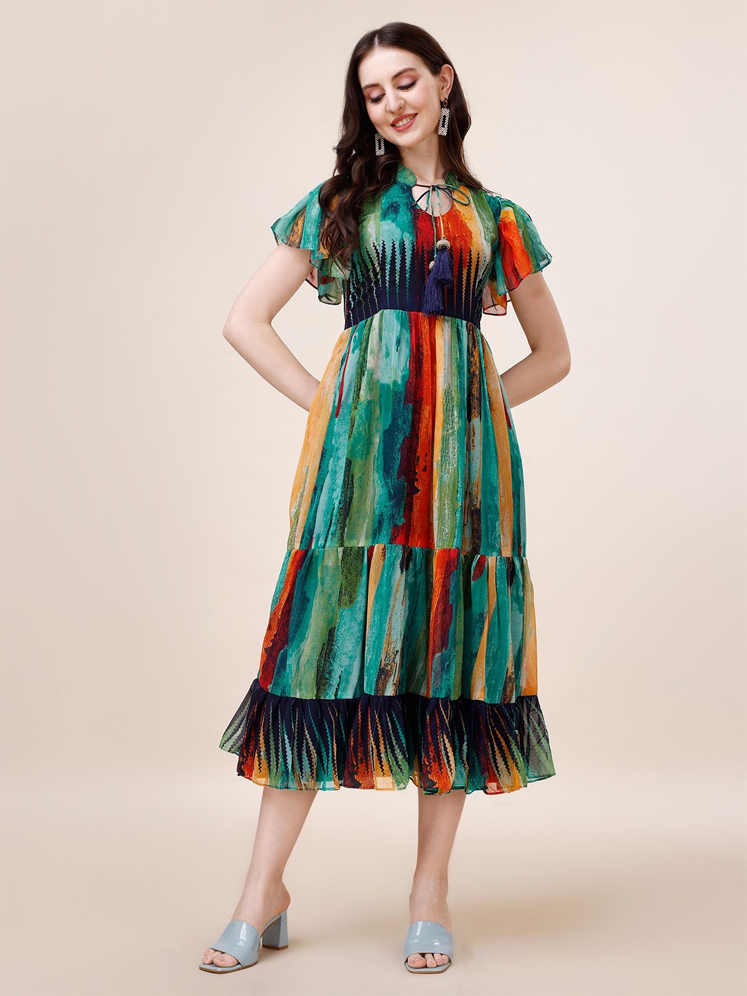 

KALINI Abstract Print Flutter Sleeve Georgette Fit and Flare Midi Dress, Green