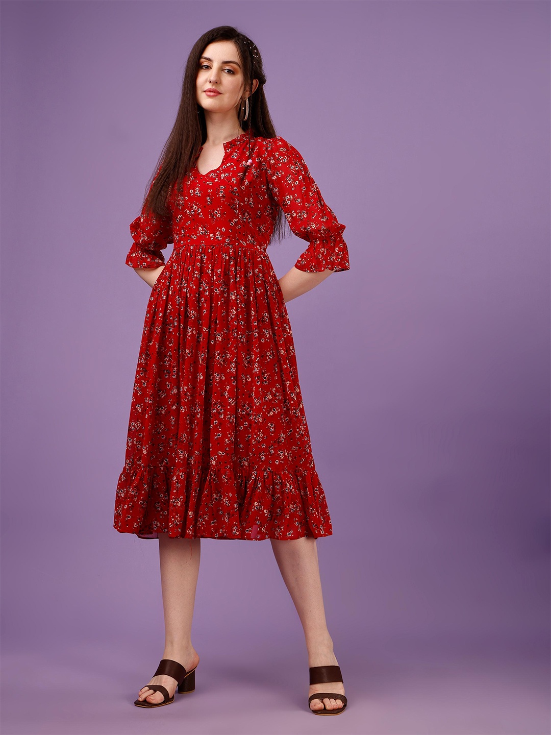 

KALINI Floral Print Mandarin Collar Bell Sleeve Georgette Fit & Flare Midi Dress, Red