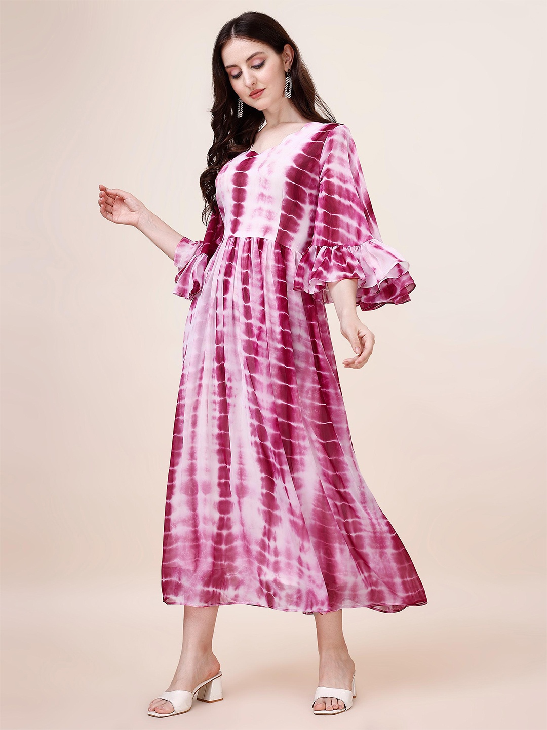 

KALINI Tie and Dyed Bell Sleeve Georgette Fit & Flare Midi Dress, Pink