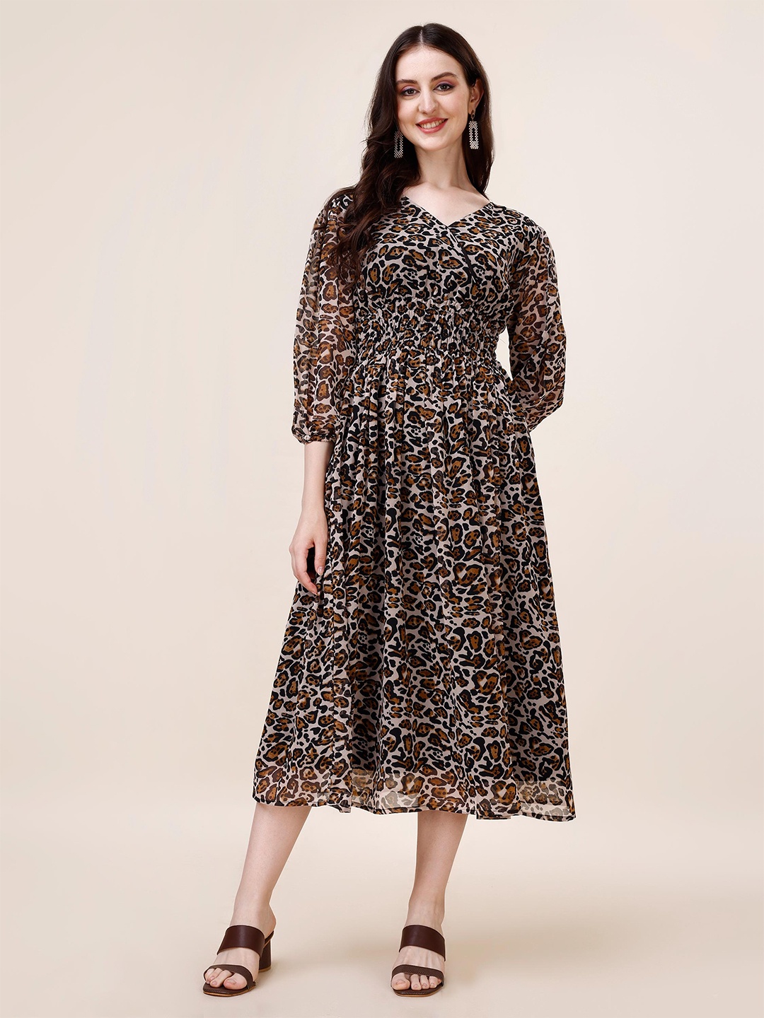 

KALINI Animal Printed Georgette Fit & Flare Midi Dress, Brown