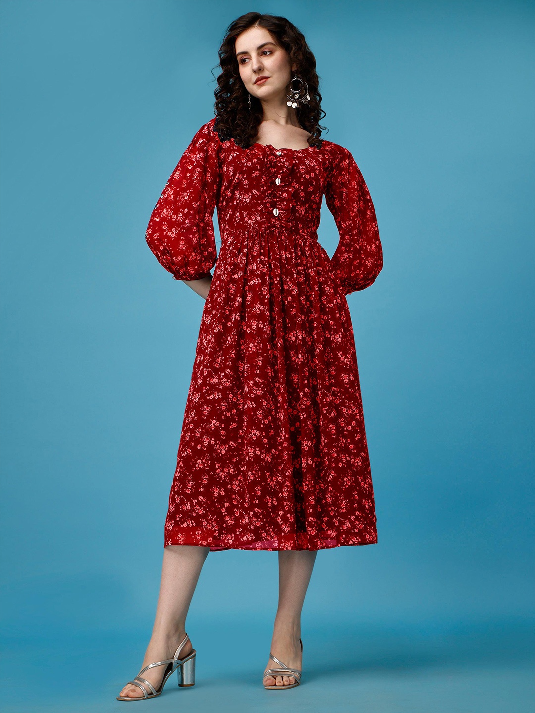 KALINI Floral Printed Puff Sleeve Fit & Flare Midi Dress, Red