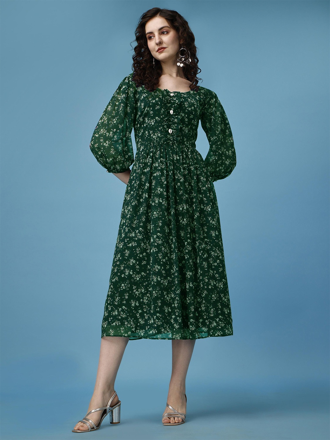 

KALINI Floral Printed Square Neck Puff Sleeve Fit & Flare Midi Dress, Green