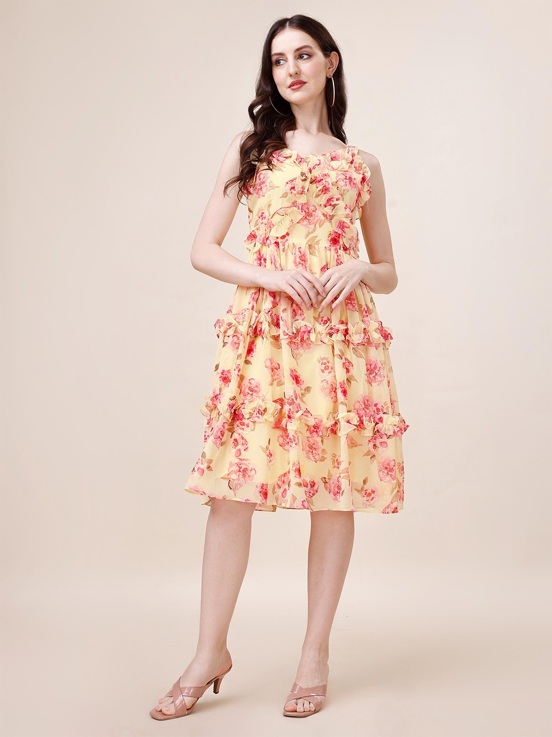 KALINI Floral Print Georgette Fit & Flare Dress, Yellow