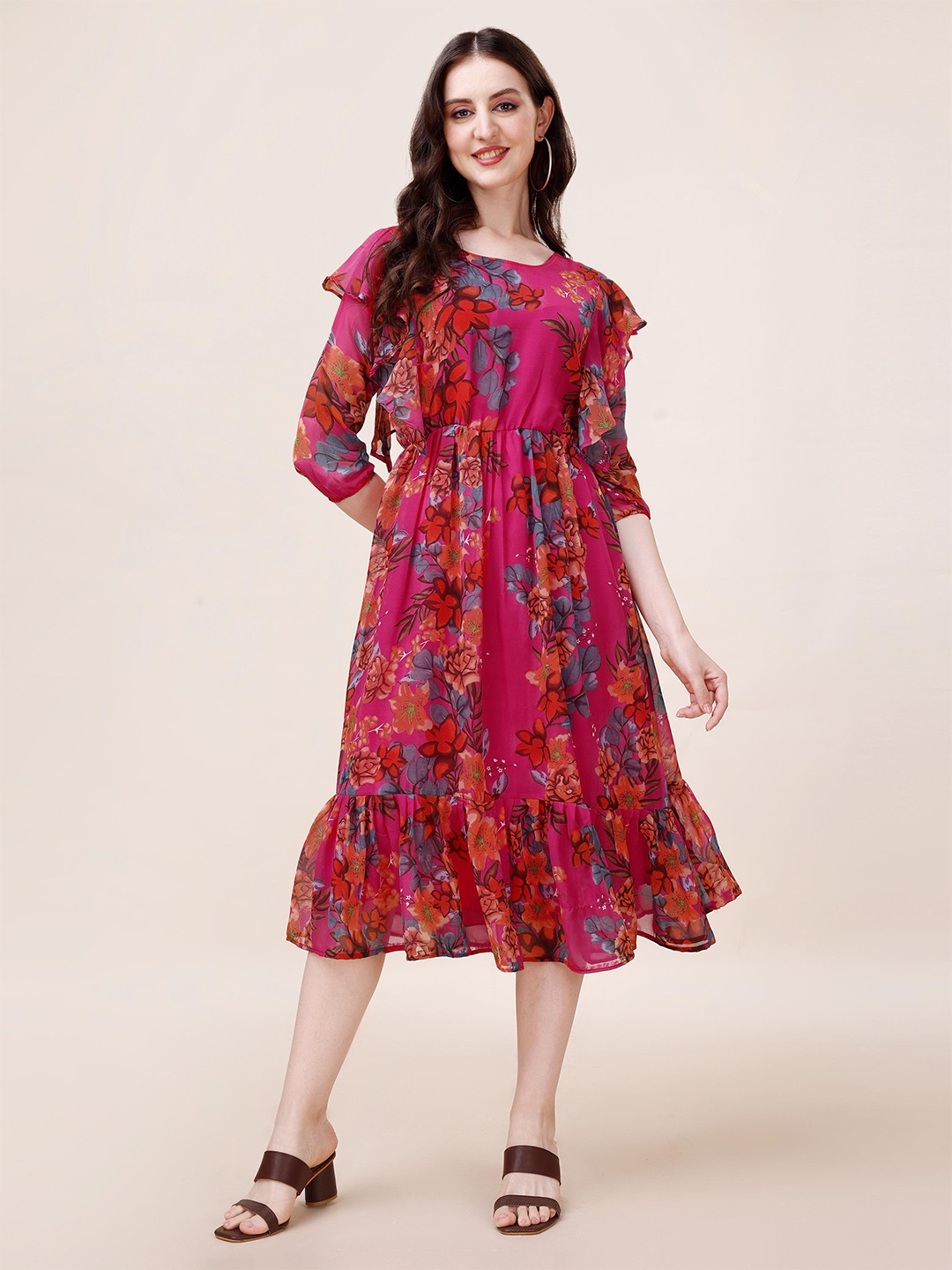 KALINI Floral Print Georgette Fit & Flare Midi Dress, Pink