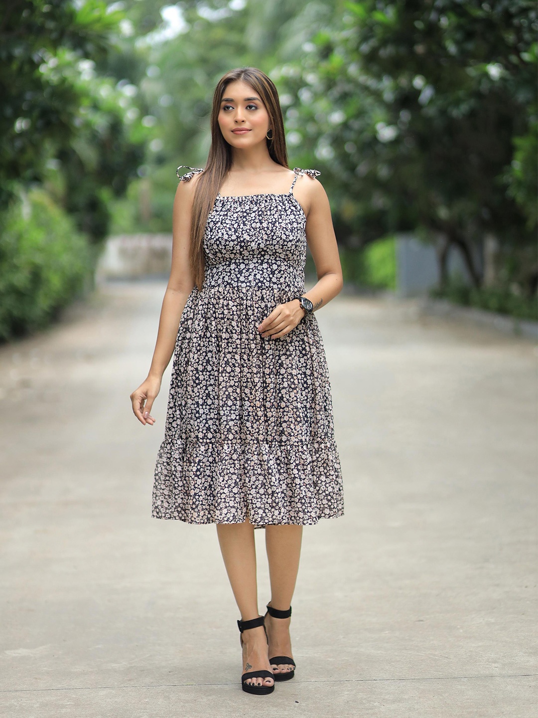 

KALINI Floral Print Georgette Fit & Flare Dress, Black