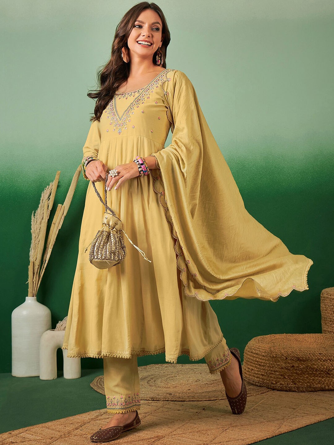 

Sangria Sequence Embroidered Pure Cotton Anarkali Kurta With Trousers & Dupatta, Yellow