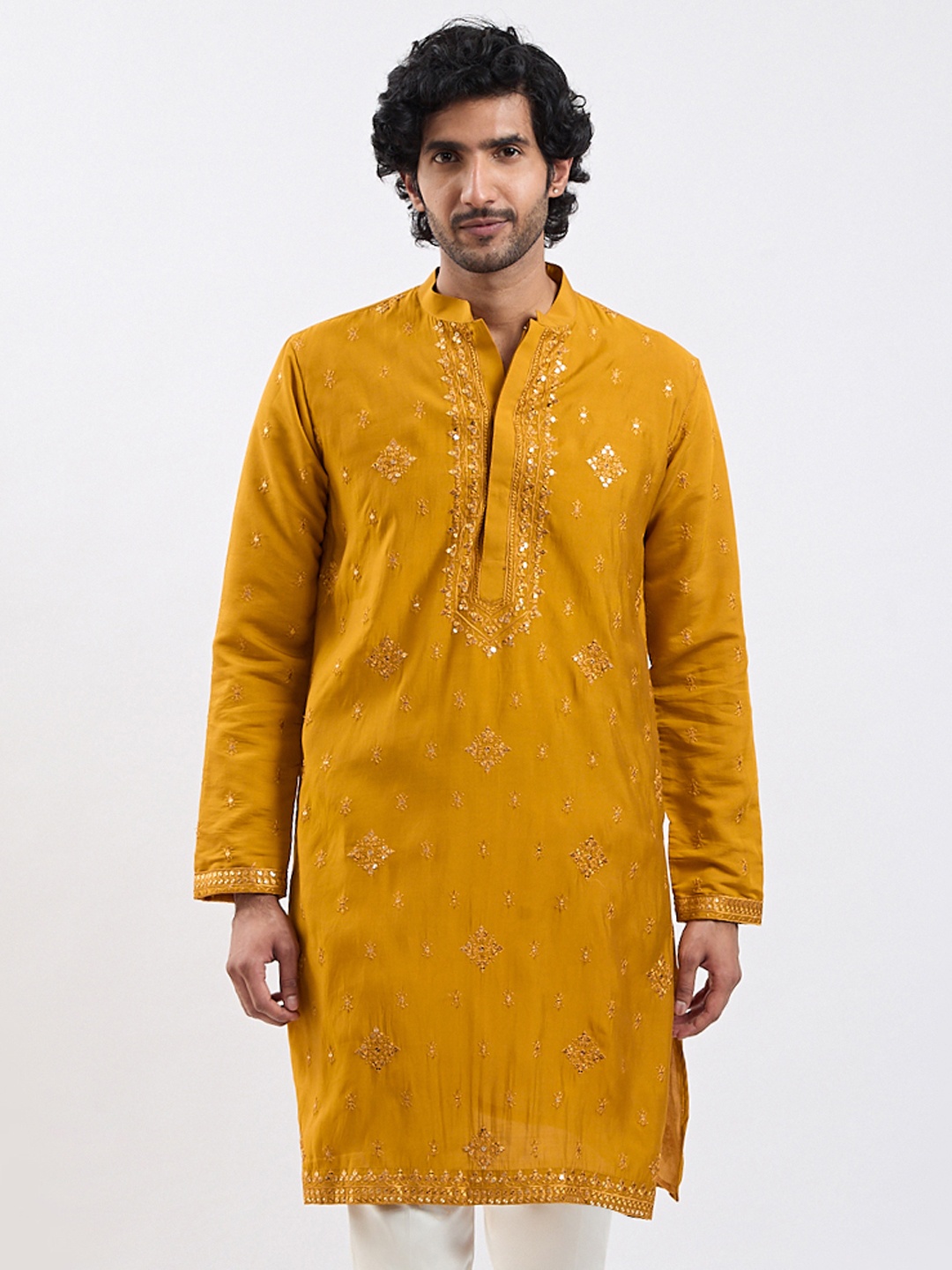 

VASTRAMAY Ethnic Motifs Embroidered Mandarin Collar Sequined Silk Straight Kurta, Mustard