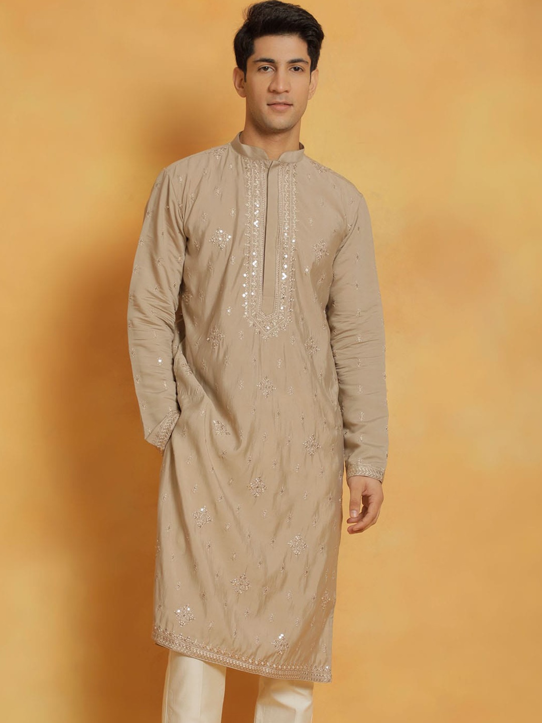 

VASTRAMAY Ethnic Motifs Embroidered Mandarin Collar Sequined Silk Straight Kurta, Grey