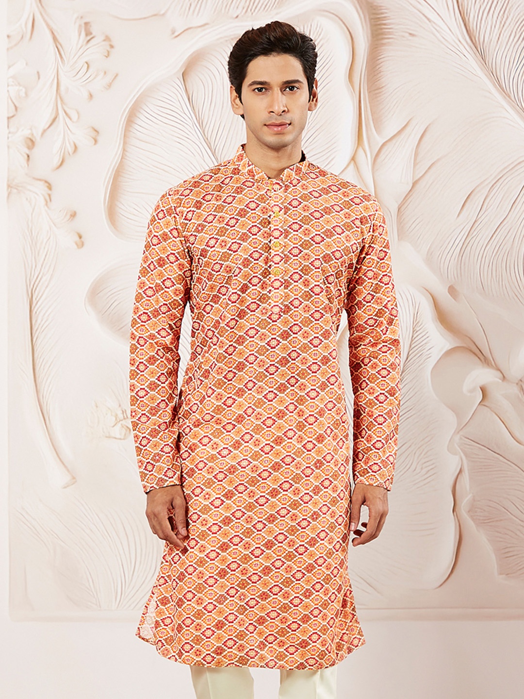 

VASTRAMAY Ethnic Motifs Printed Mandarin Collar Muslin Straight Kurta, Orange