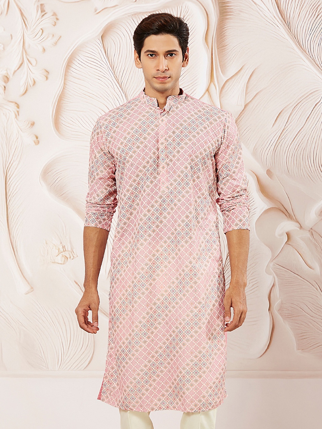 

VASTRAMAY Ethnic Motifs Mandarin Collar Kurta, Pink