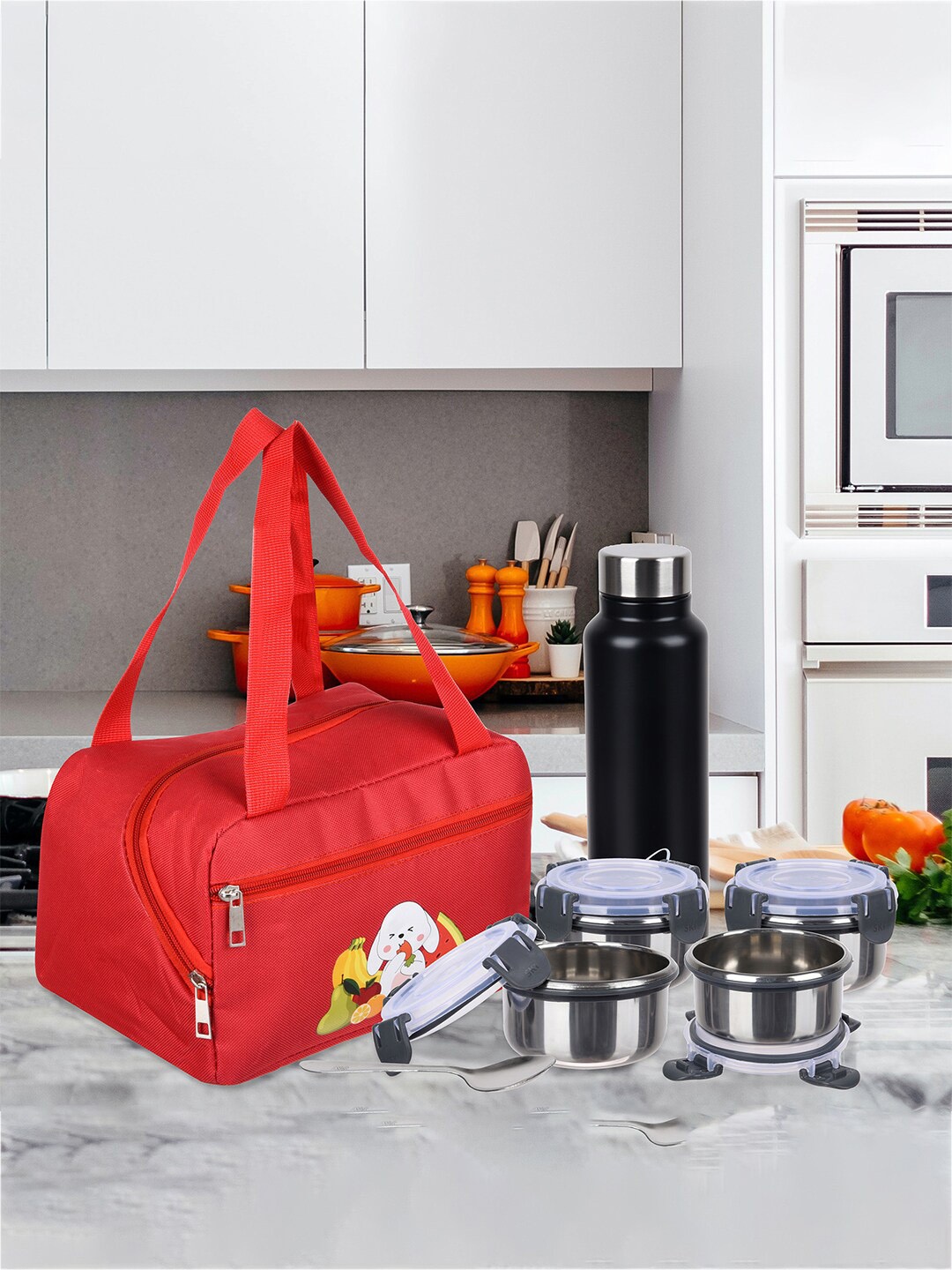

Kuber Industries Set of 2 Printed Waterproof Lunch bags, Red