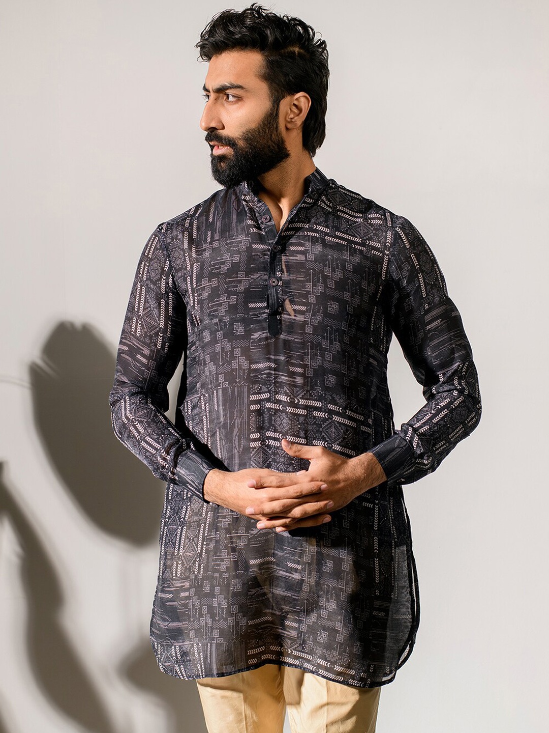 

QB MEN Ethnic Motifs Printed Straight Kurta, Black