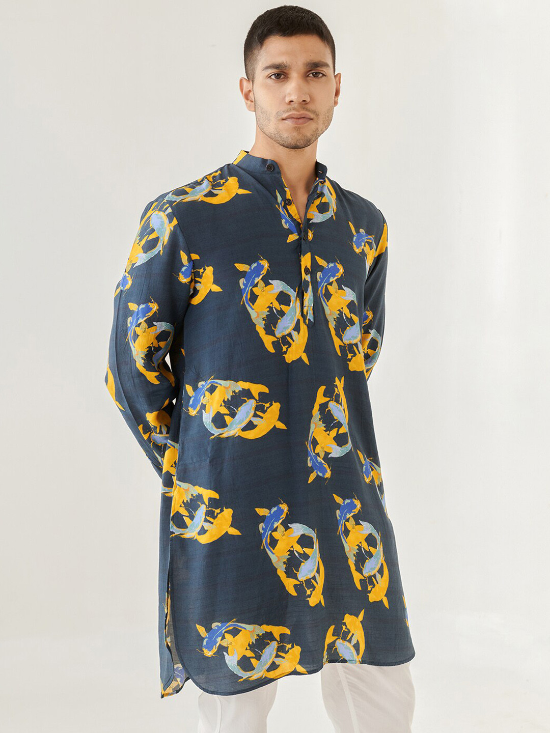 

QB MEN Abstract Printed Band Collar Straight Cotton Kurta, Blue