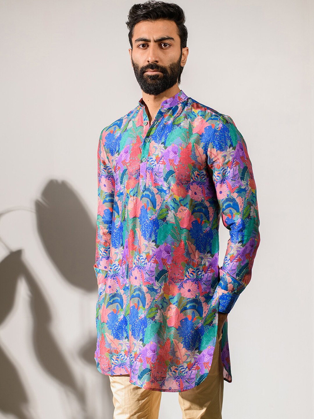 

QB MEN Floral Printed Straight Kurta, Blue