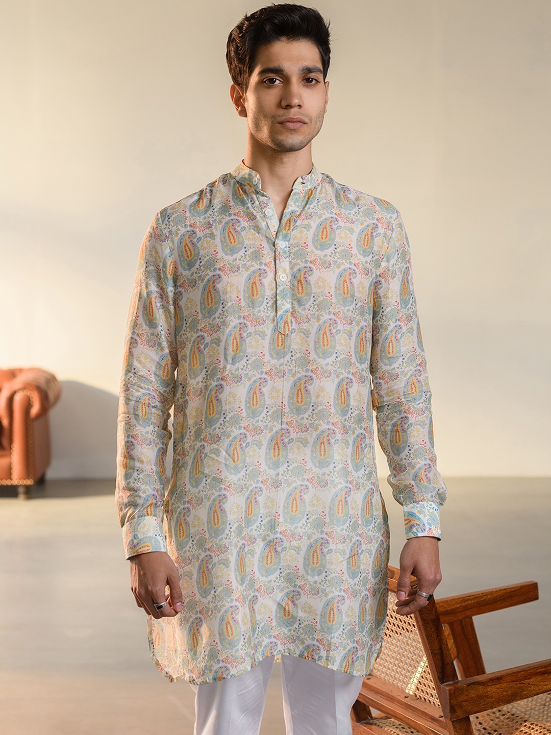 QB MEN Paisley Printed Band Collar Straight Silk Kurta, Cream