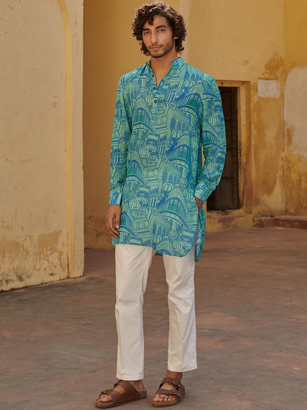 

QB MEN Ethnic Motifs Printed Straight Kurta, Sea green