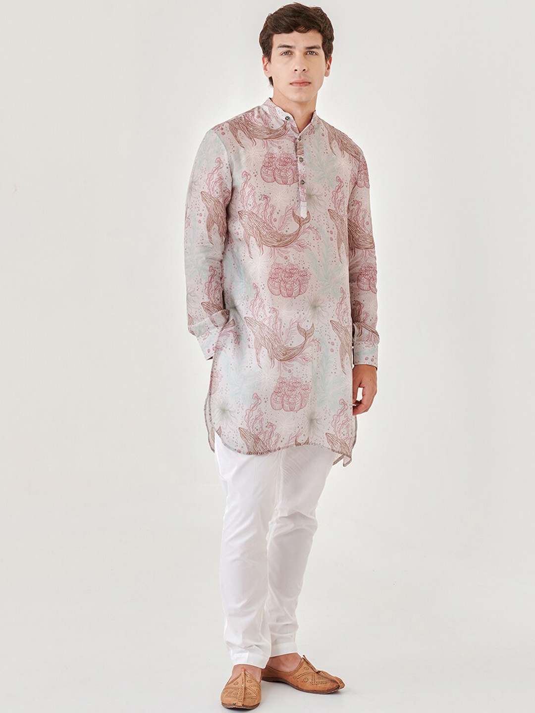 

QB MEN Ethnic Motifs Printed Straight Cotton Kurta, Pink